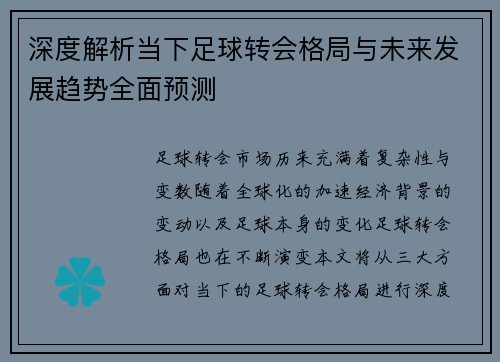 深度解析当下足球转会格局与未来发展趋势全面预测